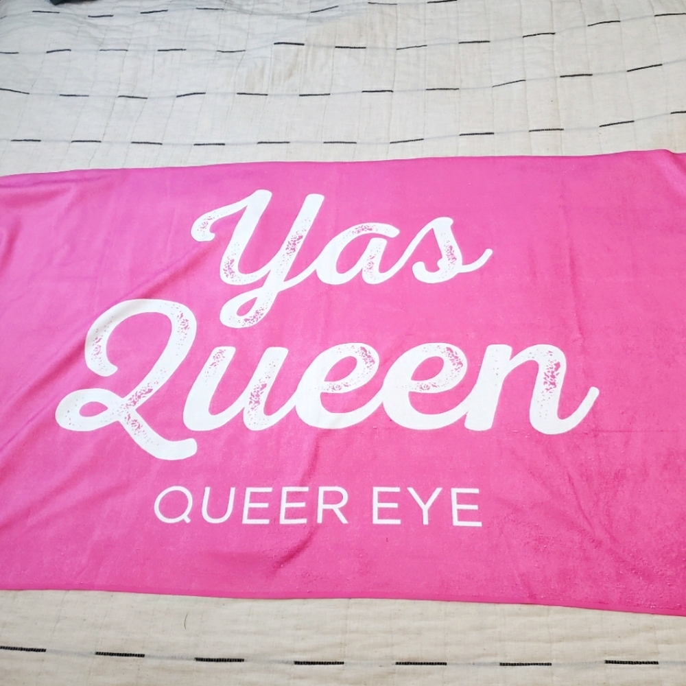 Queer Eye beach towel promotion pink